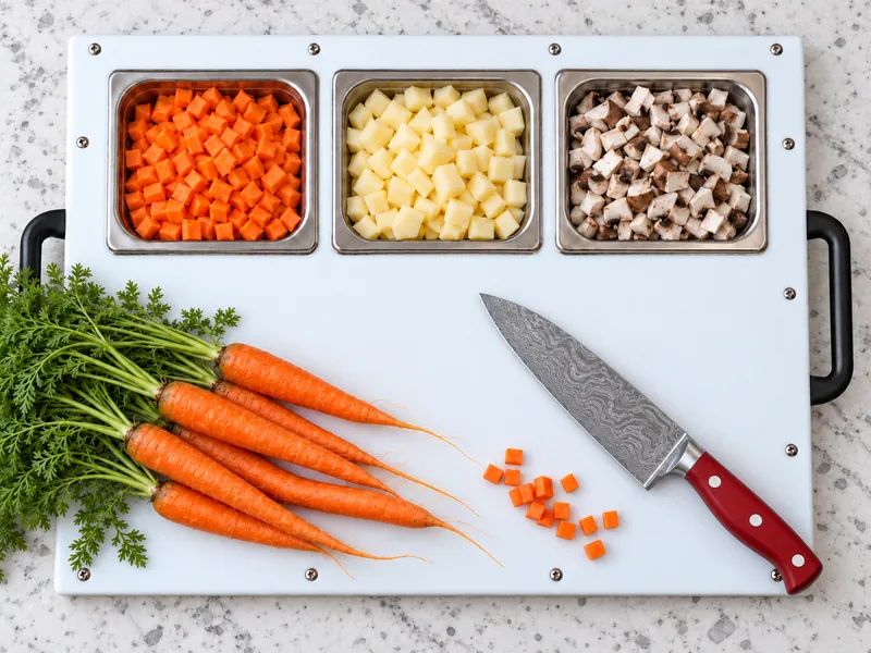 The same carrots, potatoes and mushrooms, diced and sorted into three stainless pans on a DisplayPrep board