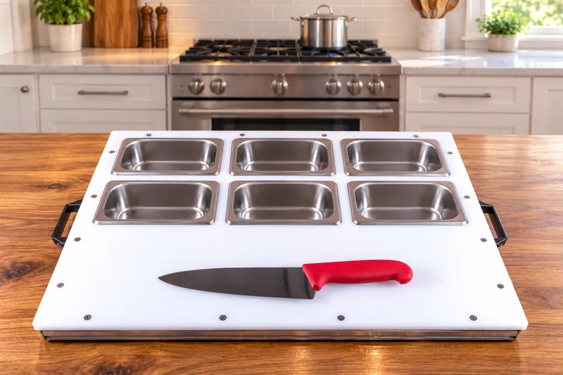 A six-pan DisplayPrep board set on a kitchen counter